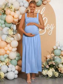 Loomaby Vestido de maternidad de unicolor, cuello de pico simple y sin mangas para uso diario