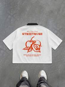 Manfinity Streetrush Camisa de manga corta con botones y estampado de letras y frutas de color contrastante para hombres