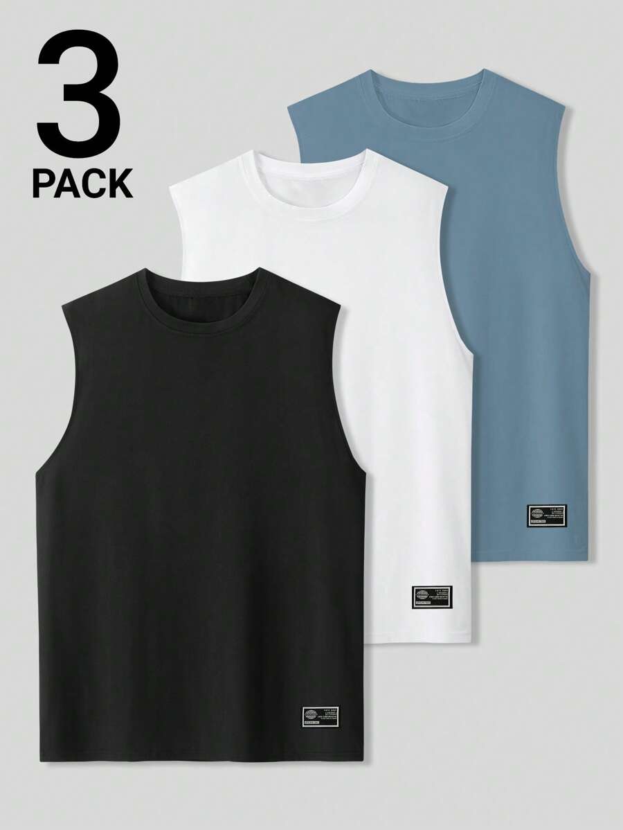 Chillumni Men's Casual Simple Round Neck Patch Tank Top, Summer Men Tank Tops Packs - Multicolor - View 1