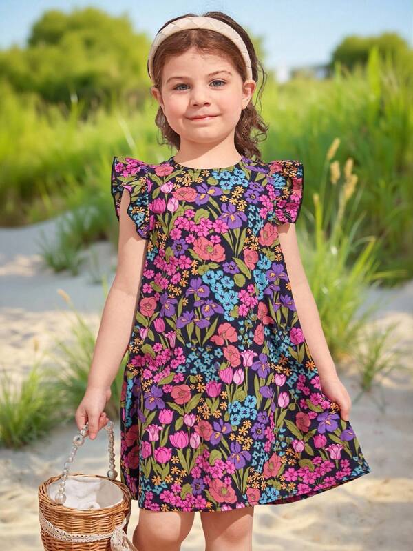 SHEIN Young Girls' Casual Round Neck A-Line Knee-Length Dress With Ruffle Cap Sleeve
