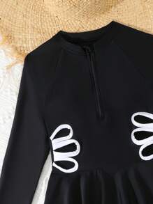 青少年女童分体泳衣，女童大童度假分体泳衣，侧面镂空设计，时尚休闲优雅泳装，大童夏季泳衣黑色长袖长裤泳衣，适合游泳、度假 - 黑色 - 查看 5