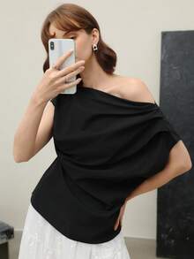 EMERY ROSE Blusa de viaje elegante de mujer con volantes en los hombros y color liso - Negro - Ver 2
