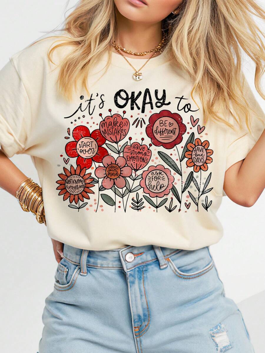 Women's Regular Ditsy Floral, Inspirational, Kindness, Mental Health Positive Quote Casual Homewear Crew Neck Short Sleeve Ditsy Floral & Alphabet Print T-Shirt, For Birthday - Apricot - View 1