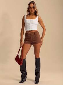 SHEIN BAE Women's Brown Striped Casual Long Pants, Simple & Stylish Low Rise Shorts For Daily, Holiday, Vacation, Office Wear, Spring/Summer,Micro Shorts - Multicolor - View 3