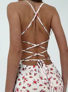 Aloruh Romantic Date Ditsy Floral Spaghetti Strap Backless Dress With Mermaid Hem, Pink & White, Spring/Summer