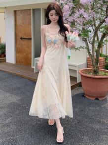 DAZY Women's Korean Style Summer Heavy Floral Decor Romantic Garden Lace Midi Dress