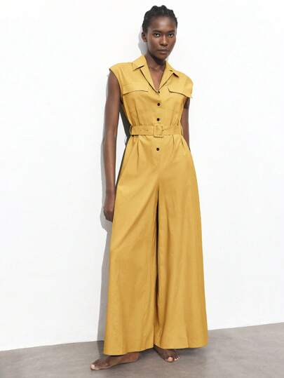 Maija 2025 Autumn/Winter Yellow Half-Zip Collar Design Front Pocket Adjustable Waist Wide Leg Jumpsuit, Suitable For Music Festivals, Beach Vacations, Casual Daily Wear, Romantic Urban Getaways, Suitable For Outings, Gatherings, Weddings, Guests, Vintage Style Business Casual Women's Wear, Wedding Guest, Birthday, Halloween, Office, Dates, Parties, Outings, Airport