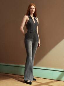 SHEIN BAE 女式 V 领无袖修身腰牛仔连体裤，夏季时尚 - 淺灰色 - 查看 4