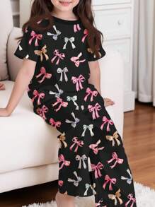 SHEIN Young Girls'' Casual Minimalist Fitted Crew Neck Short Sleeve Pants Home Wear, Suitable For Summer - Multicolor - View 3