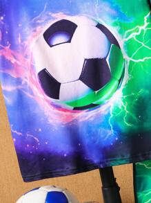 Set da 2 pezzi di maglietta a maniche corte e pantaloncini casual per ragazzi pre-adolescenti, con stampa 3D colorata a tema calcio