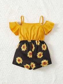 SHEIN Young Girl Solid Color Open Shoulder Patchwork Sunflower Print Romper
