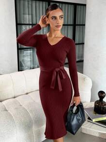 SHEIN Clasi 女款純色 V 領羅紋針織毛衣連身裙