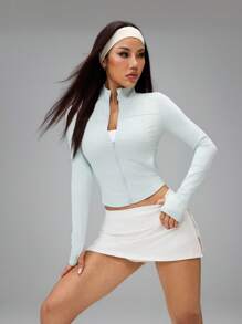 SHEIN PETITE 女款修身立領防紫外線快乾輕量戶外夾克，適合戶外休閒、運動、登山，小碼女款 - 淺藍色 - 查看 5