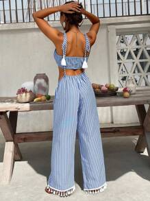 SHEIN VCAY Women Two Pieces Outfits For Daily Wear, Vacation Style, Woven Graphic Printed, Casual Summer Vacation Outfits Woman, Bohemia Beach Vacation Outfits, Boho Chic, Country Concert Outfit, Holiday Festival Outfits, Beach Outfits For Woman, Summer Outfits For Women, Old Money Style Women, Graduation Outfit, Birthday Dresses For Women - Blue and White - View 2