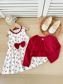 SHEIN Baby Girls Cute Versatile Casual Red Cardigan With Cherry Pattern & Bowknot Decor Knit Dress Set - Multicolor - View 3
