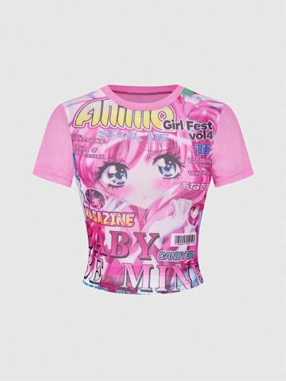 Anime Blusa ajustada para mujer de manga corta con diseño gráfico de personaje de anime transparente y sexy