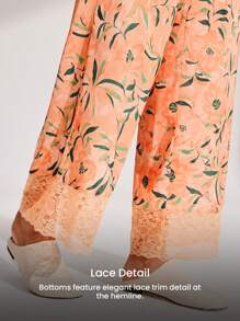 LUVLETTE 丝滑缎面蕾丝边橙色度假花卉图案性感吊带背心文胸上衣和裤子透气家居睡衣套装