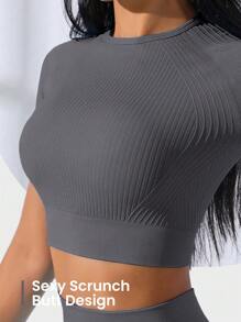 Gameset SHEIN Sport Costum sport pentru femei, elastic, fără cusături, culoare solidă, top cu mânecă scurtă, și pantaloni, costum sport, seturi atletice pentru femei, haine de antrenament, echipament de antrenament, îmbrăcăminte pentru femei, îmbrăcăminte atletică pentru femei, exerciții fizice