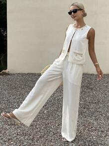 DAZY Bộ 2 chiếc/Bộ áo len không tay đính hạt sequin cho nữ và quần ống rộng bằng vải lanh - Màu be - Xem 7