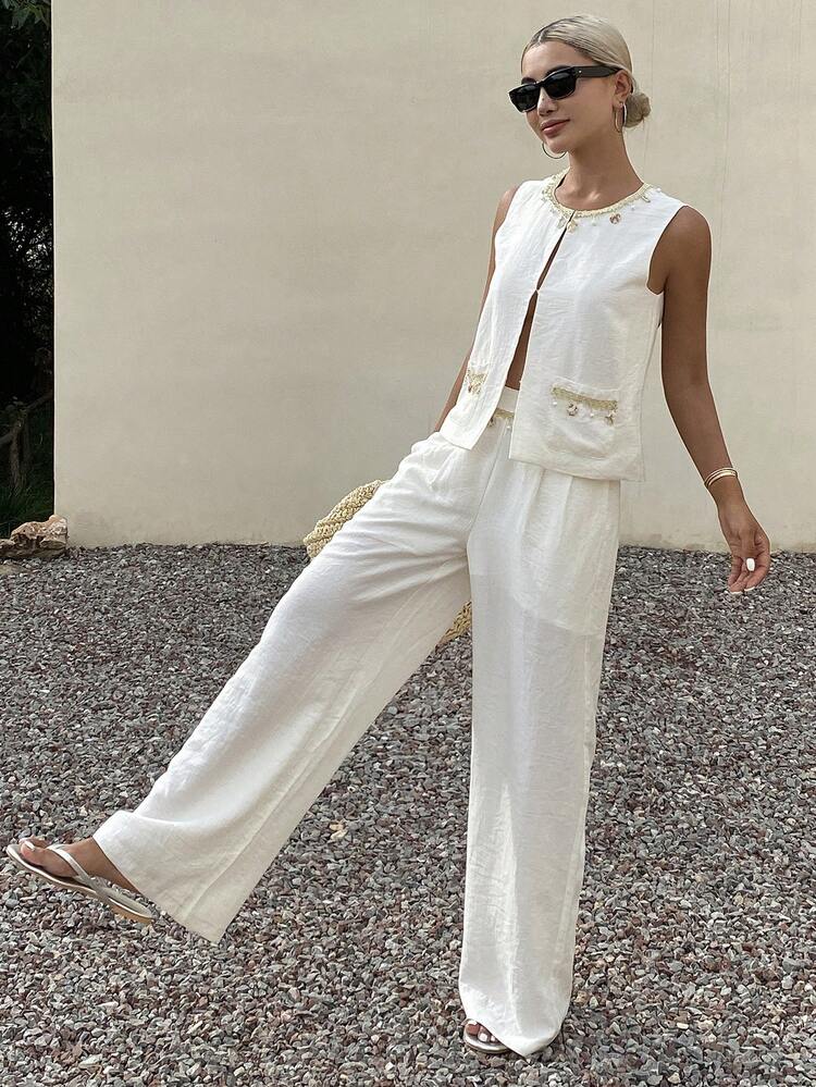 2pcs/Set Women Sequined Beaded Sleeveless Sweater And Wide-Leg Pants Suit Linen