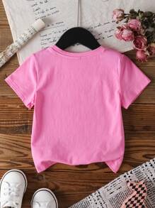 Paul Frank X SHEIN Young Girl Short Sleeve Round Neck Casual, Comfortable Cartoon Monkey, Star & English Letter Graphic T-Shirt, Summer - Pink - View 2