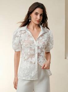 Anewsta Blusa estiva da donna a maniche a palloncino in tessuto jacquard semi-trasparente con lavorazione traforata - Bianco - Visualizzare 4