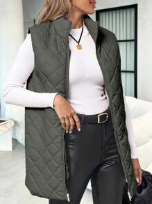 SHEIN Clasi Abrigo acolchado sin mangas con cremallera de unicolor, otoño/invierno - Verde Oscuro - Ver 3