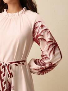 Anewsta Ladies' Spring/Summer Vacation Bohemian Beach Fashion Music Festival Positioning Printed Long Sleeve Dress - Tropical Pink - View 4
