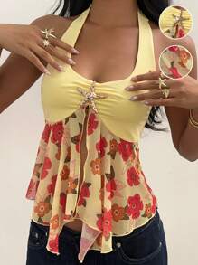SHEIN EZwear Top cu imprimeu floral din plasă și decolteu halter pentru femei - Galben - Vizualizare 1