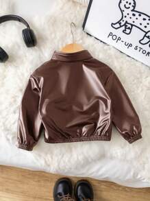 SHEIN 可爱休闲时尚街头皮领棕色夹克，适合男婴和女婴，非常适合秋冬季圣诞派对