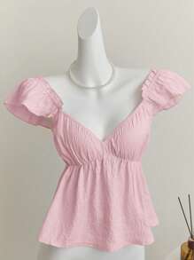 Elamini Top court bleu voluptueux avec encolure dégagée, sans manches et volants pour fille