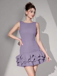 Poshira Vestido corto de punto para mujer con bloques de color negro, sin mangas, espalda descubierta y diseño calado para fiesta