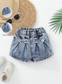 سروال جينز قصير مزين بالكشكشة للبنات الصغار، تصميم فضفاض، مطرز بالأزهار واللؤلؤ، أنيق وكاجوال للارتداء خارج المنزل، بنمط عذب، سروال جينز للبنات - أزرق فاتح - مشاهدة 1