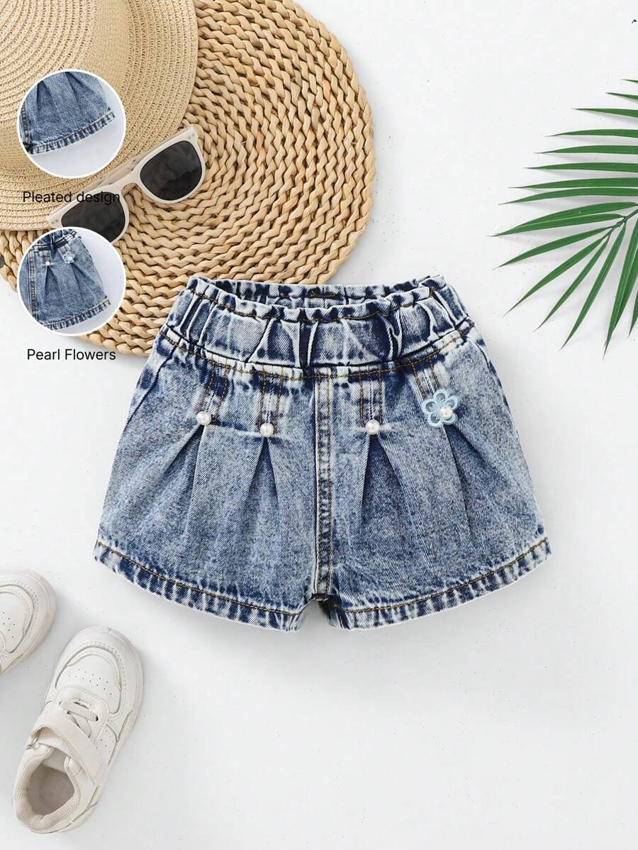 سروال جينز قصير مزين بالكشكشة للبنات الصغار، تصميم فضفاض، مطرز بالأزهار واللؤلؤ، أنيق وكاجوال للارتداء خارج المنزل، بنمط عذب، سروال جينز للبنات - أزرق فاتح - مشاهدة 1