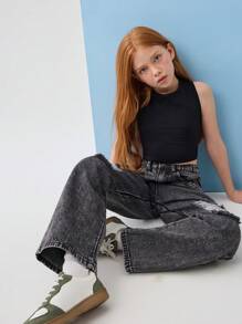 Leap Crew Leap Crew Tween Girls' Spring Summer Boho 2 Pieces Solid Tank Top Vest& Stonewashed Distressed Ripped Denim Straight Leg Jeans Set,Summer Girls Set Clothes Outfits - Black - View 1