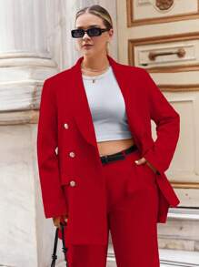 EURMUSE Women's Plus Size Simple Solid Color Daily Suit Set - Red - View 3