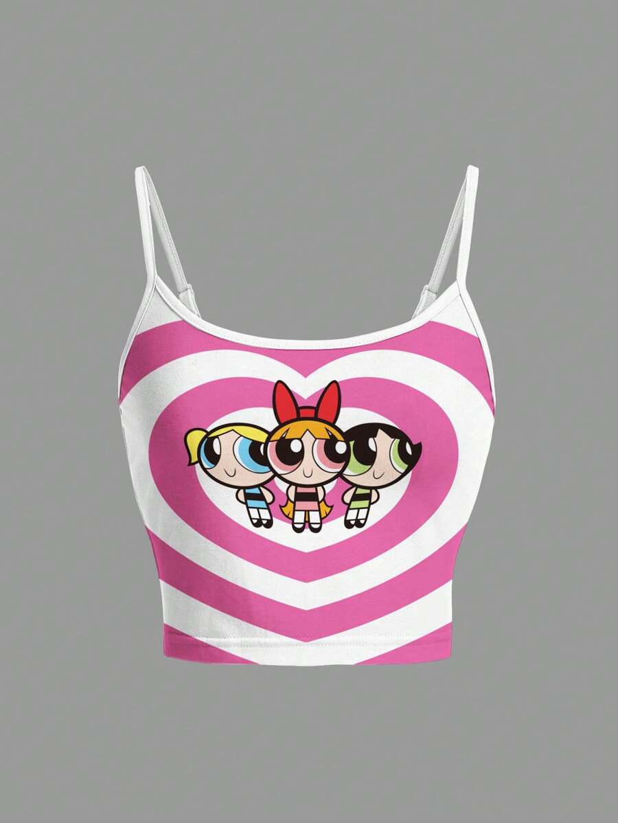THE POWERPUFF GIRLS X SHEIN Top corto casual de mujer con estampado de dibujos animados y corazones en contraste, ajuste slim, para el verano - Blanco - Ver 1
