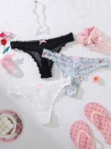 PetitDoll 3pcs Women Ruffled Bowknot Thong Sexy Panties Set - Multicolor - View 1