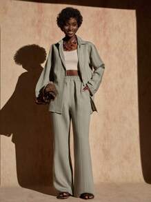 Bóhologie 优质协调纹理棉质面料套装系列，精致两件套套装，现代单扣西装外套，松紧腰裤，奢华轻质材料，专业夏季西装，优雅纹理图案，宽松版型商务休闲组合，百搭中性色调套装 - 卡其色 - 查看 5