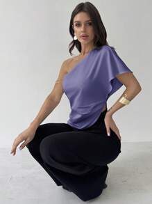 Firerie Blusa modesta, casual y elegante para trabajo y boda, primavera/verano, con un hombro, fruncido, bajo asimétrico, de tela texturizada, color blanco - Neblina azul - Ver 5