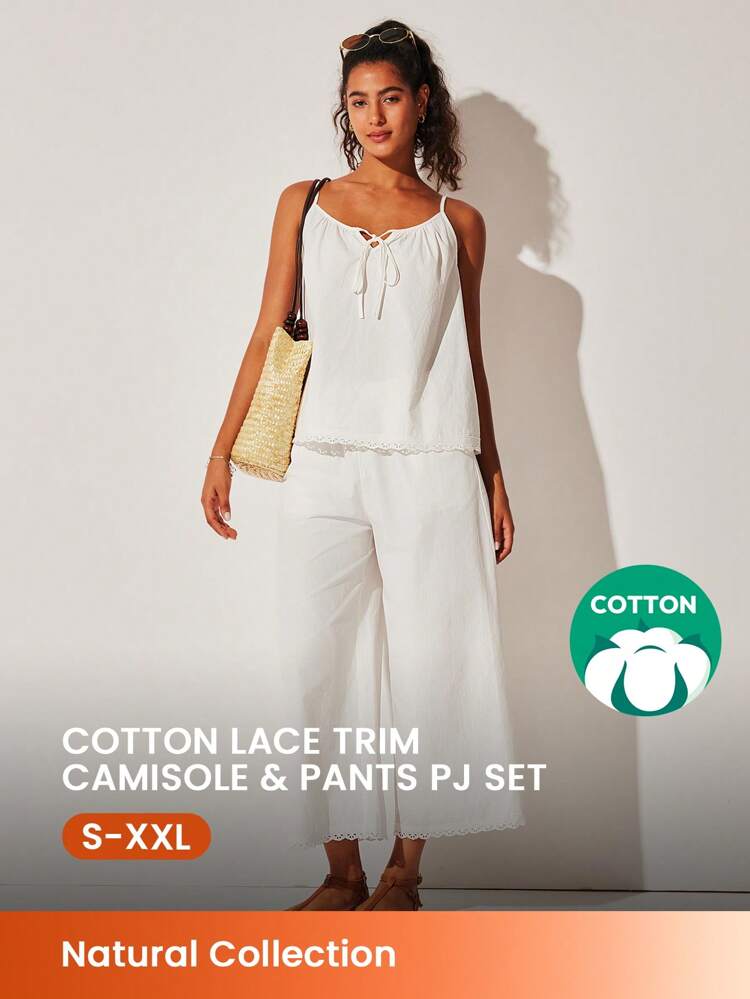 夏用 通気性抜群 100%コットン ホワイト フローラル刺繍レーストリム セクシーキャミソールトップ&パンツ ルームウェア エアリーパジャマセット ファッションカジュアル快適アウトフィット ポケット付きパンツ アウターウェア ブライダルインナー&パジャマドレッシング、春夏マッチングセット カプリ 2ピースセット ウェディングアイテム