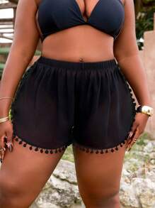 Slaydiva 大码弹性腰部绒球装饰网眼拼接休闲度假沙滩短裤和罩衫 - 黑色 - 查看 5