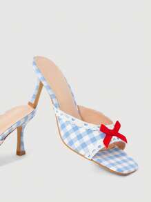 SheIn MOD 2025年夏季新款时尚可爱蝴蝶结别致蓝色格纹露趾细高跟凉鞋女