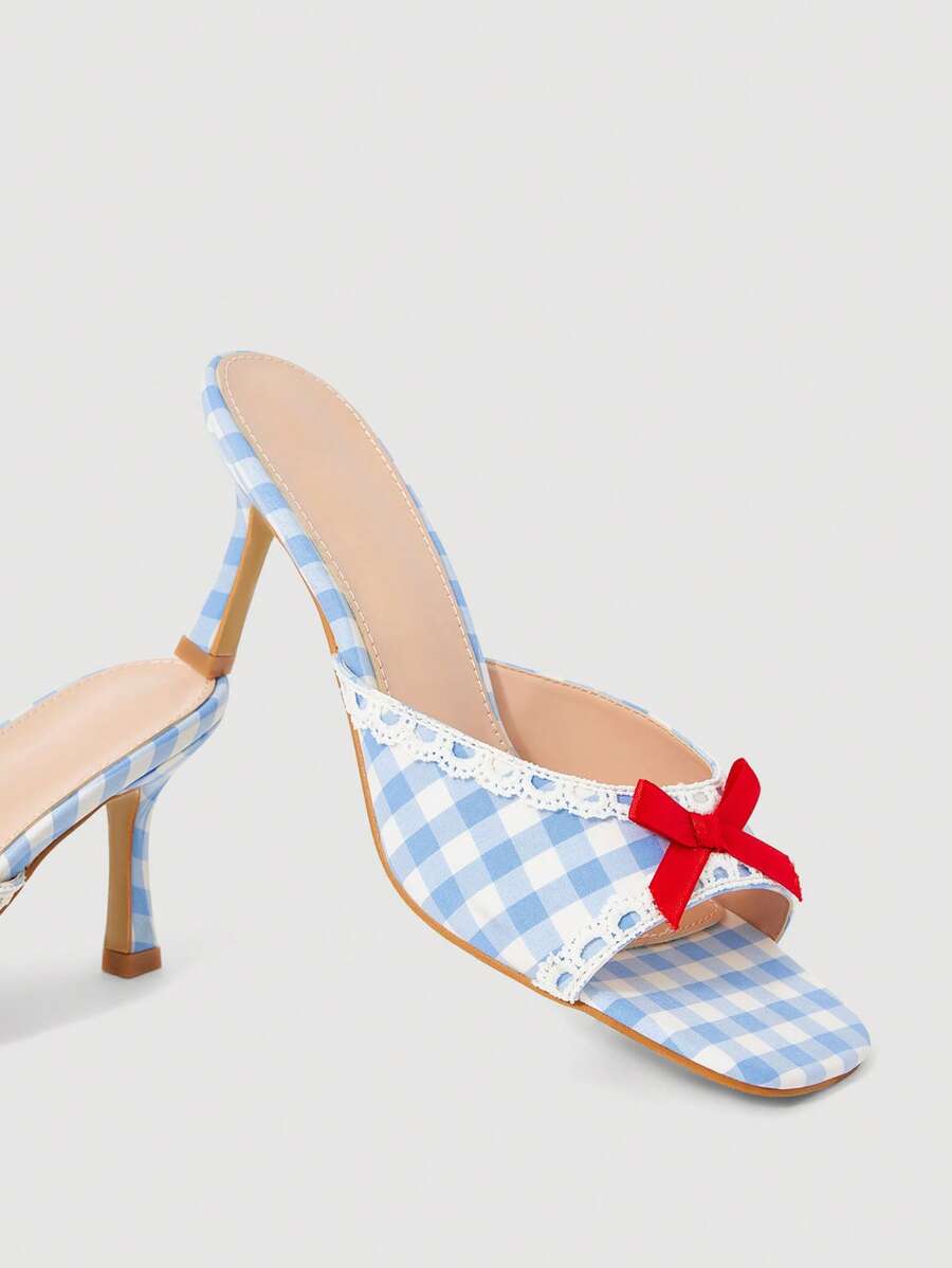 SheIn MOD 2025年夏季新款时尚可爱蝴蝶结别致蓝色格纹露趾细高跟凉鞋女