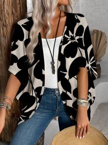 EMERY ROSE Plus Size Women Casual Minimalist Apricot Floral Print Lightweight Jacket, Suitable For Spring & Summer Autumn Women Cardigan,Fall Clothes For Women - Multicolor - View 4