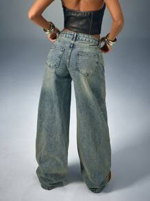 EURMUSE 女式低腰口袋宽松阔腿休闲百搭牛仔裤 - 中等水洗藍 - 查看 6