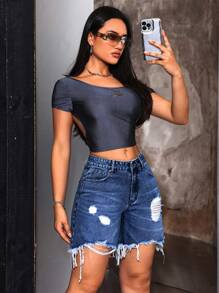 SHEIN Tall Women's Street Style Distressed Raw Hem Denim Shorts - Dark Wash - View 6