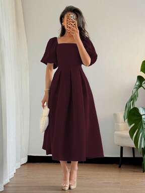 Elenzga Damen elegantes, stilvolles, minimalistisches Rüschenkleid mit Puffärmeln und A-Linie, geeignet für Pendeln, Büro, Geschäft, Lässig, Urlaub, Nachmittagstee und Party, Frühling/Sommer