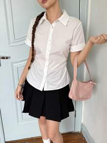 SHEIN Teen Girls' Casual Minimal Comfortable Turndown Collar Cinched Waist Short Sleeve Shirt - White - View 3