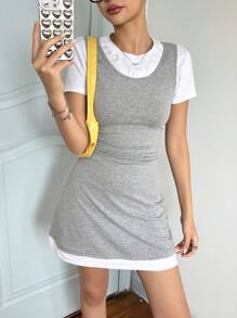 SHEIN Teen Girls' Casual Simple Comfortable Patchwork Contrast Color Round Neck Short Sleeve Snug Fit Dress - Light Grey - View 7